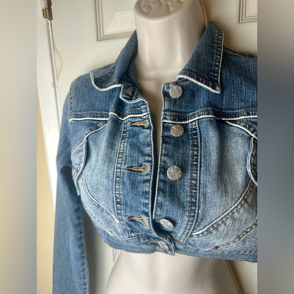 Younique Light Blue Denim Cropped Jacket with Gold Embroidery Small - Picture 2 of 4